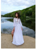 Beaded White Lace Chiffon Slit Simple Flowy Wedding Dress